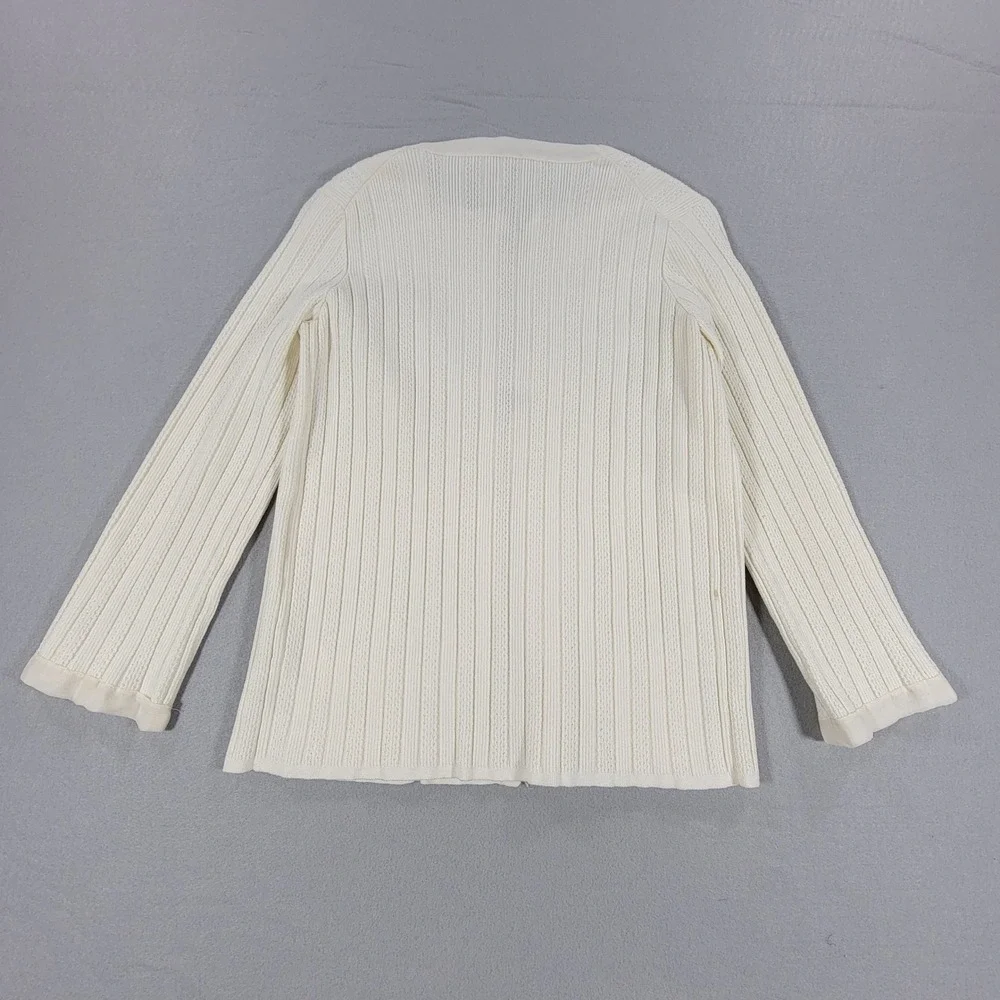 Vintage Chanel Ribbed Cardigan 06P Lagerfeld CC Logo Ivory Silk Trim Women XS 42